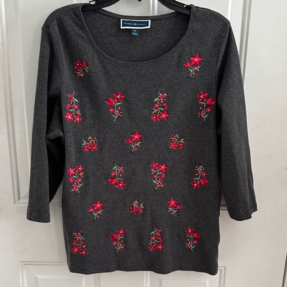 Karen Scott Poinsettia Embroidery Knit Top